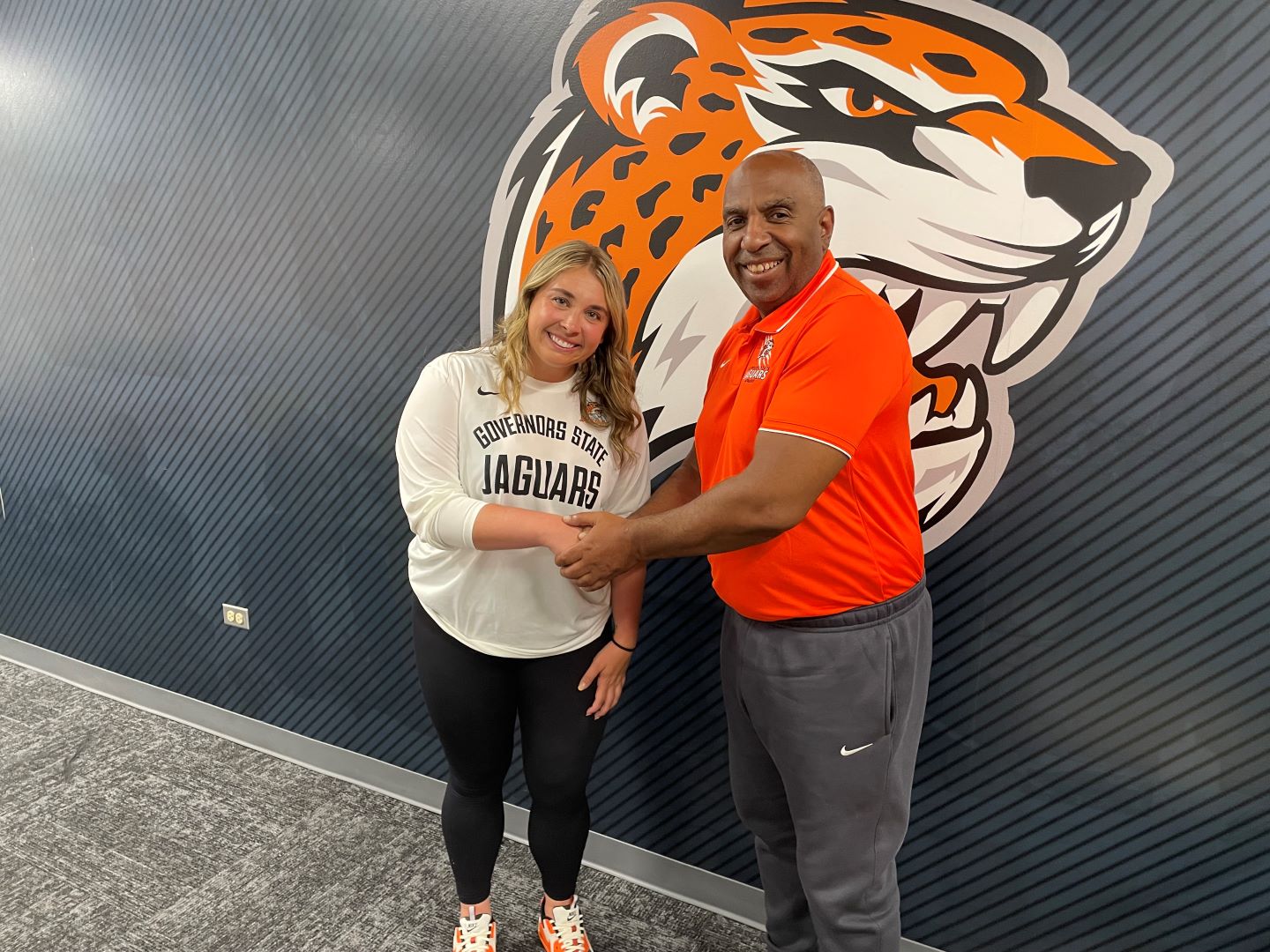 New GovState Women's Softball Head Coach Tori Keilman welcomed by Jaguars' Athletic Director Tony Bates.