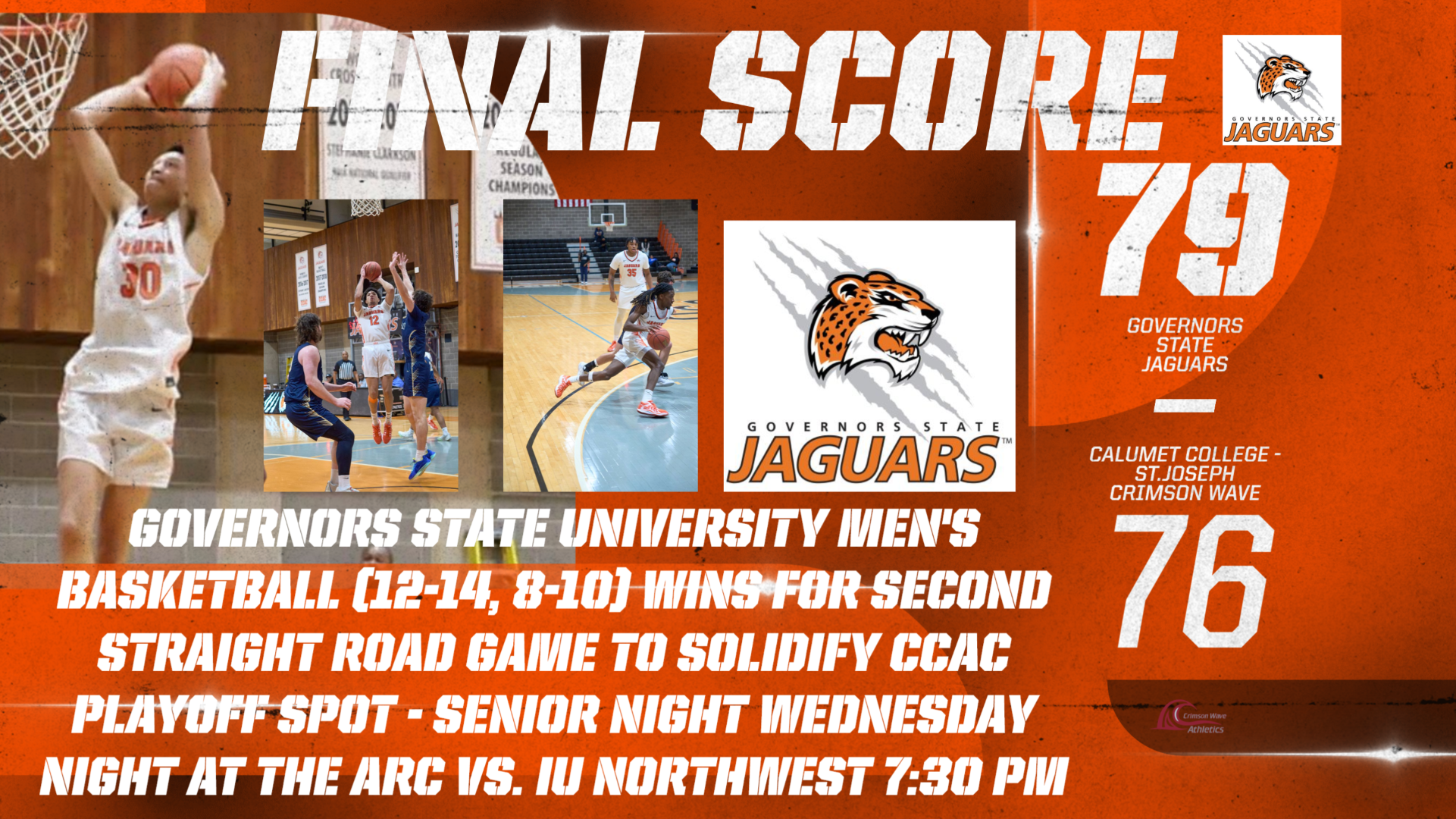 2nd Straight CCAC Road Win For Jaguars - Win at Calumet St. Joseph 79-76 Holding off Crimson Wave