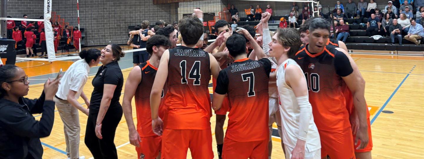 GSU Jaguars men's volleyball team celebrating after beating #5 ranked Cornerstone University (MI) Saturday 3-1 in the Jaguars Tri-Match Invitational.