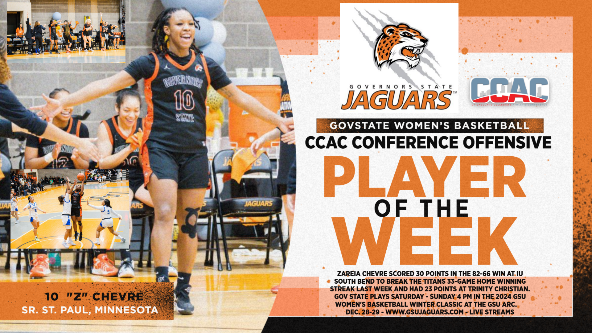 Zareia Chevre Named CCAC Offensive Player of the Week -  Gov State Women's Basketball Hosts The 2024 Winter Classic Tournament Saturday Sunday - December 28-29 In GSU ARC -
