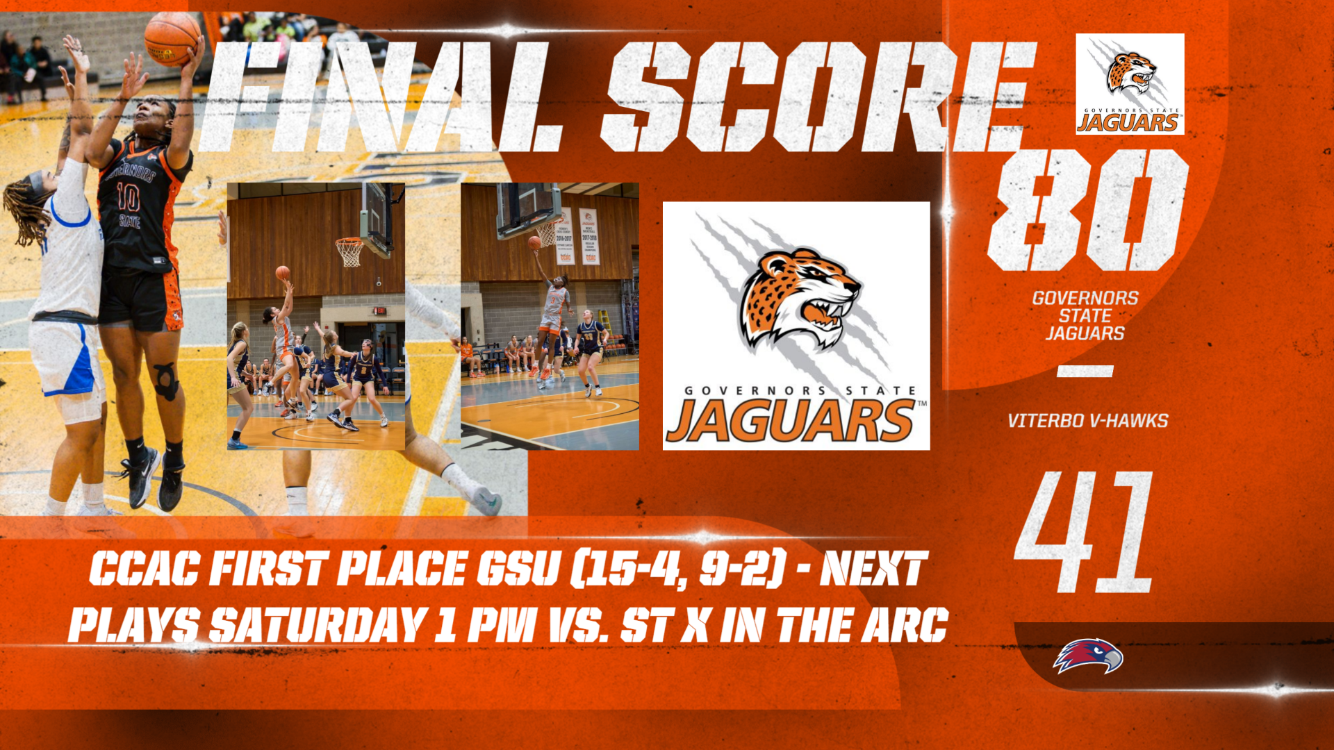CCAC Leaders Jaguars (15-4, 9-2 CCAC) Beat Viterbo 80-41 Wednesday - Host St. X Saturday 1 PM