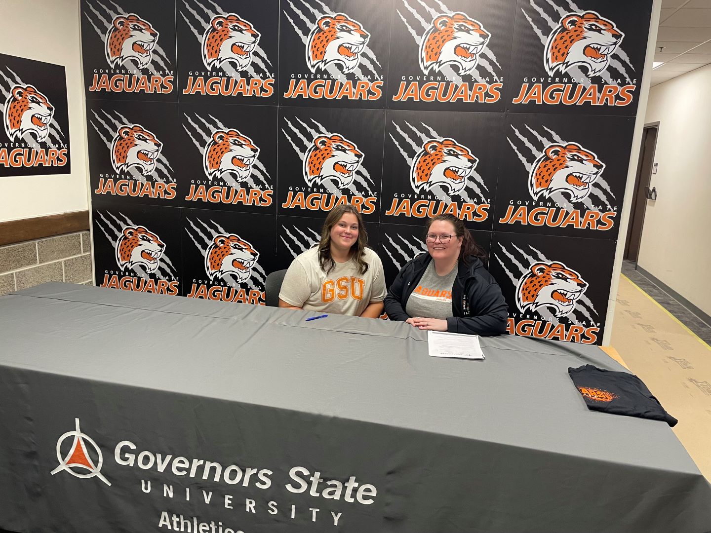 (L) Samantha Mann with GSU Head Women's Bowling Coach Melanie McDaniel on August 2 signing day.