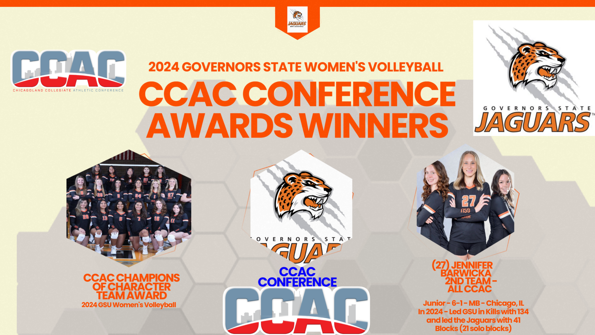 GovState Women's Volleyball - Jennifer Barwicka Named 2nd team All-CCAC - Jaguars Named Champions of Character Team Award For 2024 -